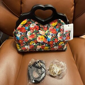 Wood Frame satchel leather floral print NWT